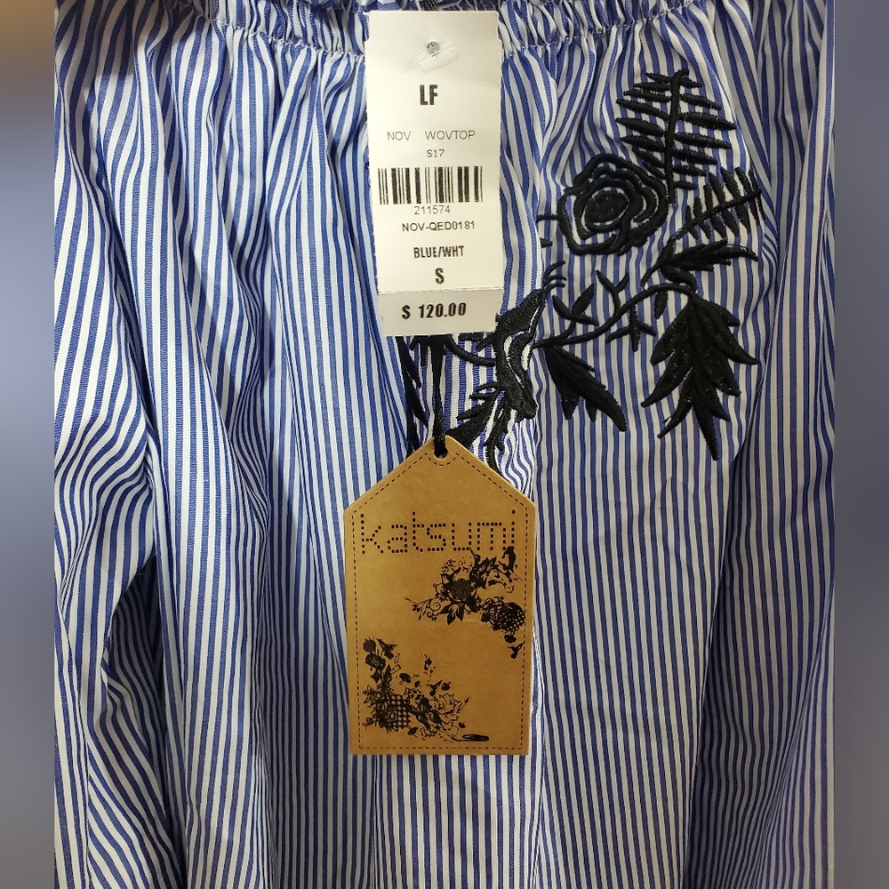 KATSUMI Off the Shoulder Blue Stripe Top Sz. S - Picture 4 of 4